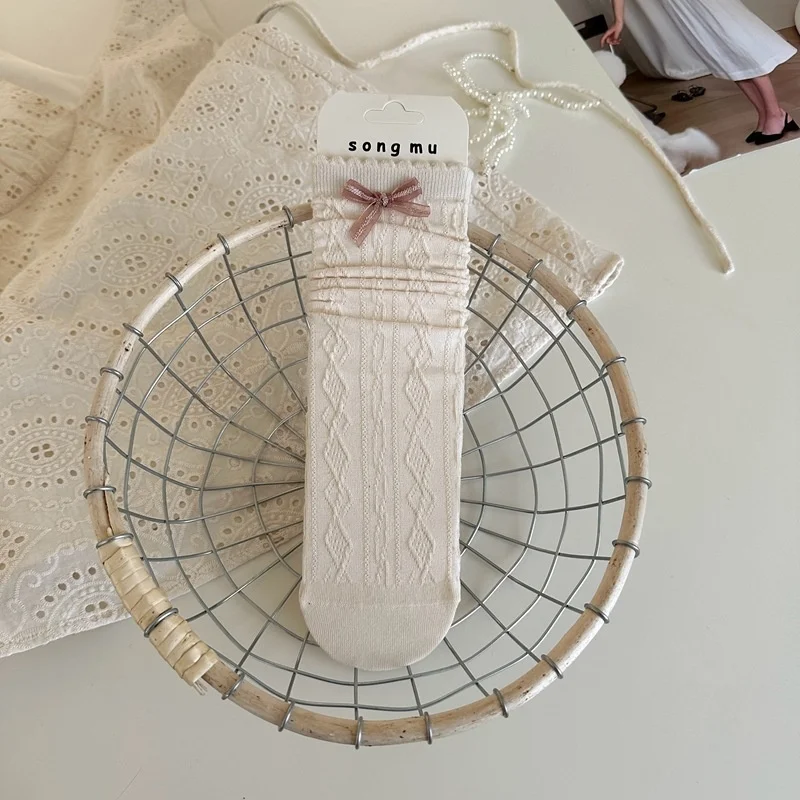 Spring Summer Pink JK Lolita Scrunch Foot Pad Korean Style Straight Tube Design Bow Decor Seamless Handlinked No Bone