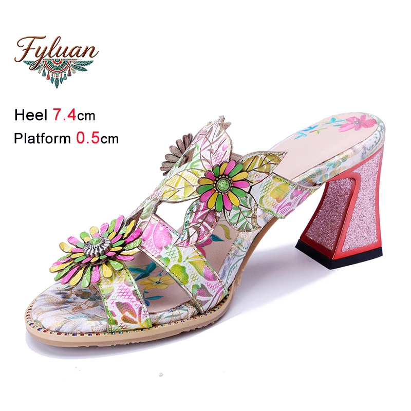 

Retro Three-dimensional Flower Colored Sheepskin Slippers 2026 Summer New Genuine Leather Printed Coarse Heel Bohemian Sandals