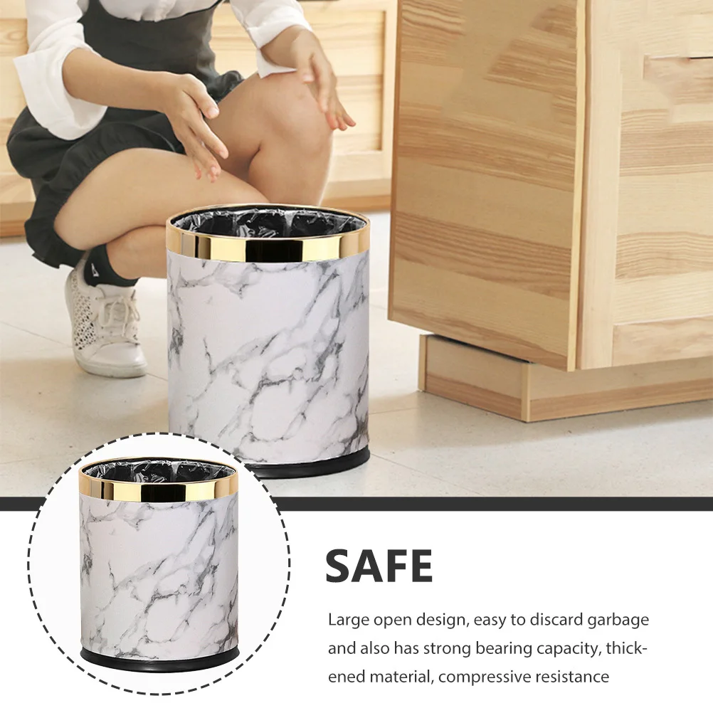 

Household Trash Can Lidless Bathroom Living Room Office Trash Bin Marbled Design Non-Slip Stable Base Gold Plant Pot