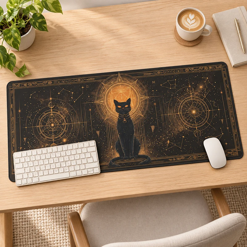 Mouse Pad Black Gold Celestial Cat Gamer printon demand New Home HD Mousepad XXL Office Natural Rubber Mice Pad Table Mat