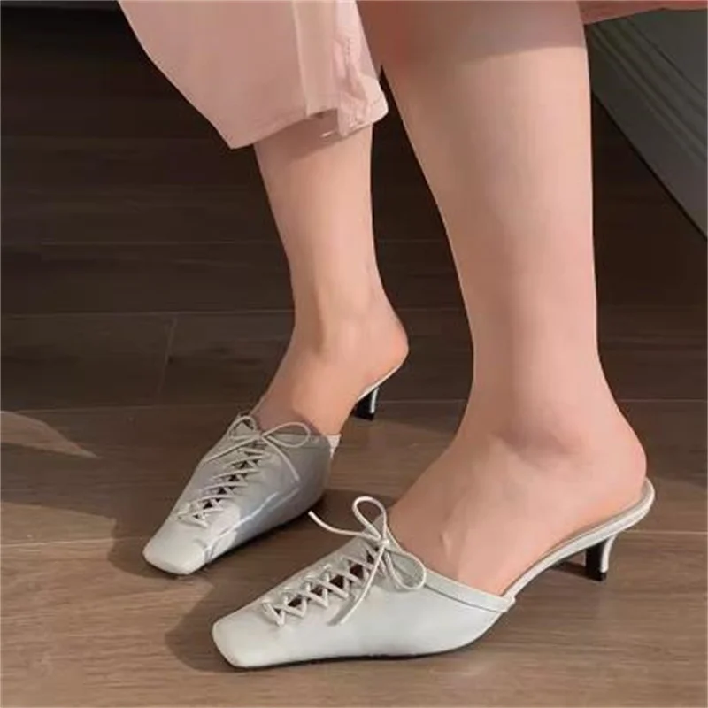 Lace-up Shoes for Ladies Square Toes High Heels Female Pumps Butterfly-knot Solid Tacones Chassure Femme Crossover Strap Zapatos