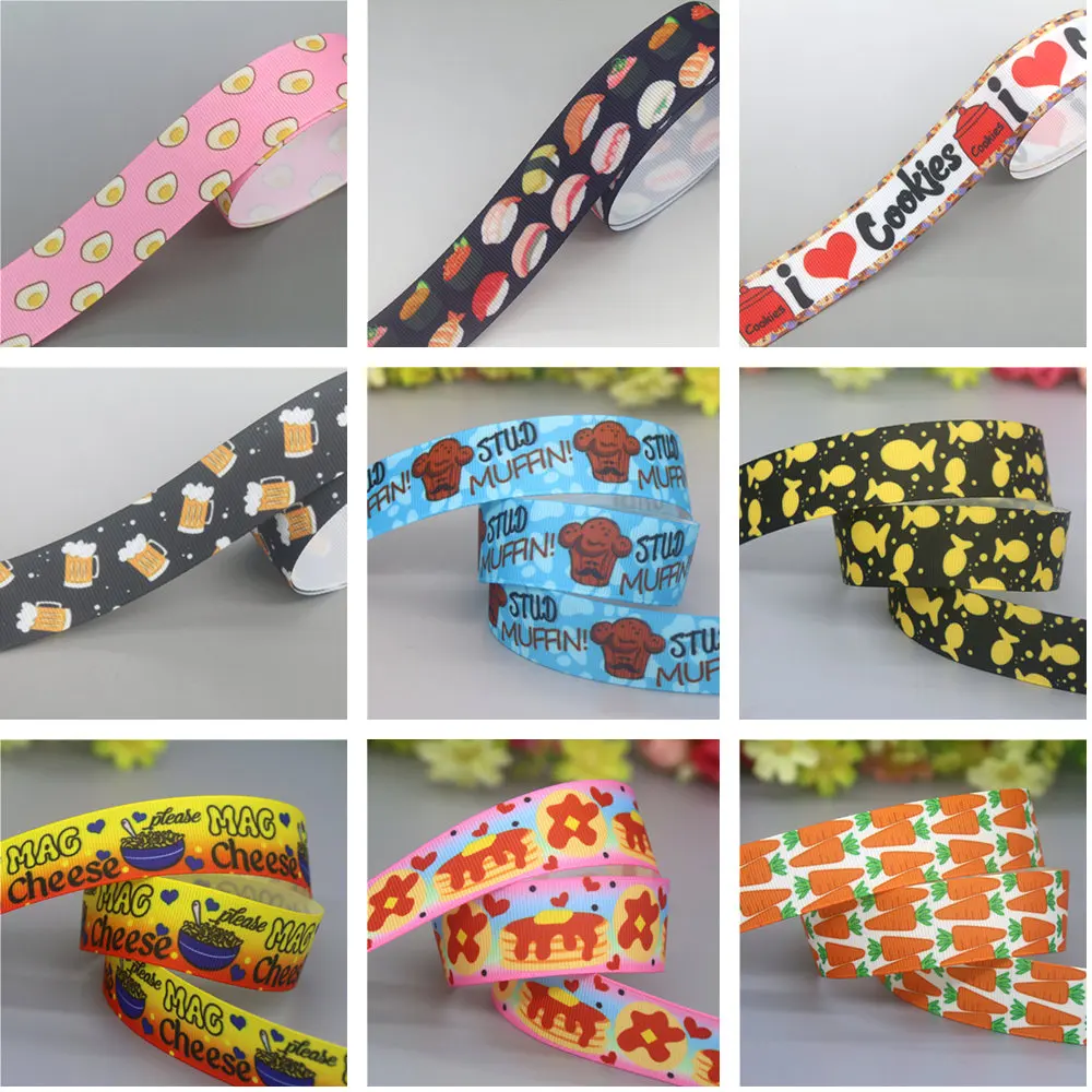 DUWES 50yards Drink Food Sushi Fries Beer Cheese Cupid Cookie Egg Peanut Printed Grosgrain Ribbon Collar DIY Sewing Craft D2607