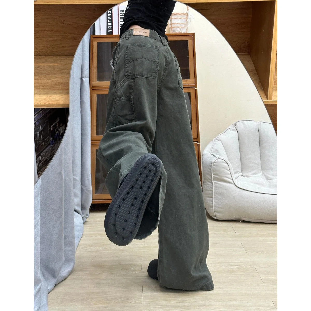 밀리터리 와이드 레그 워크웨어 청바지 여성 여름 신상 디자인 미국식 하이웨이스트 루즈 슬림핏 롱 팬츠