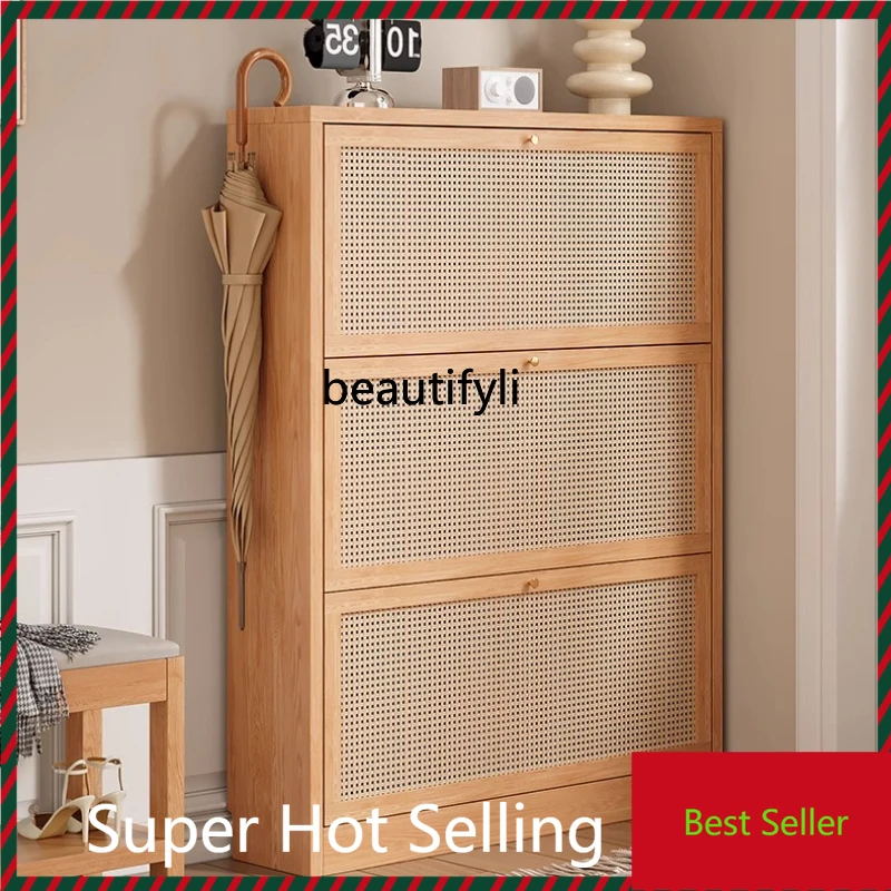 M71 Solid Wood Rattan Ultra-Thin Shoe Cabinet Home Entrance Storage Cabinet Wall-Mounted Narrow Entryway Cabinet