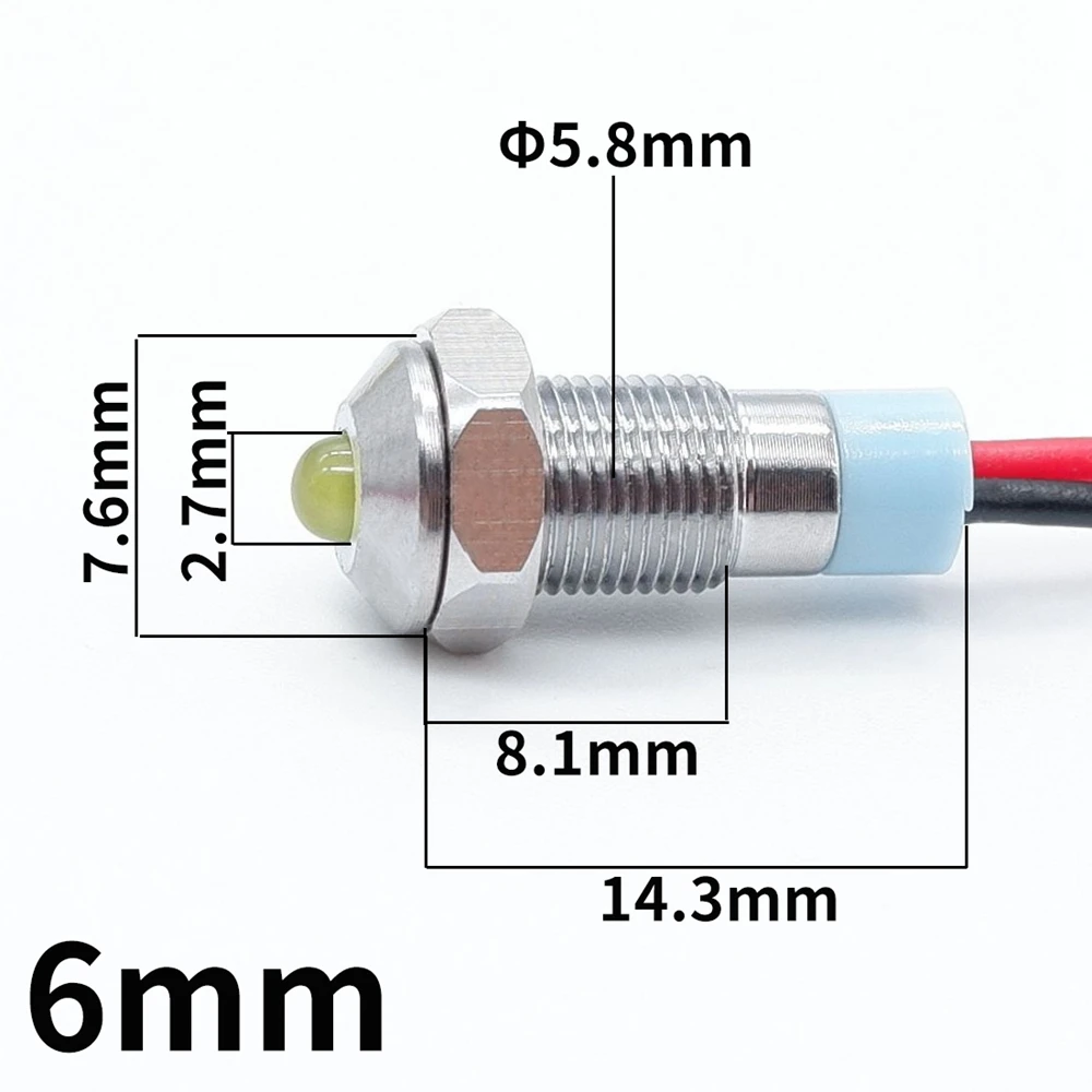 6mm Metal Indicator Light LED Warning Waterproof Signal Lamp With Wire 5V 12V 24V 220V Red/Yellow/Blue/ Green/White Metal Button