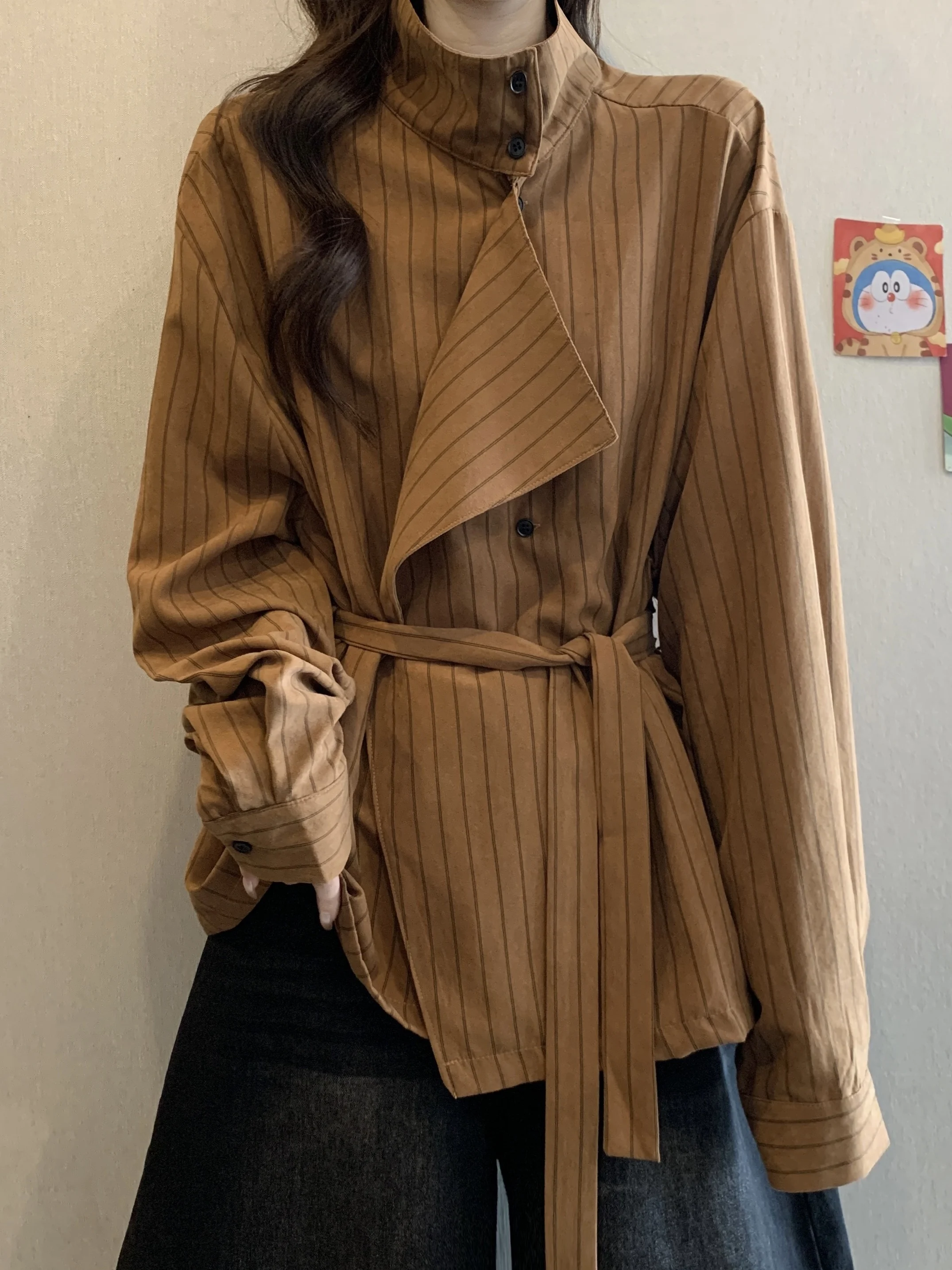 

Premium Stand-Up Collar Striped Long-Sleeved Shirt Women's Autumn New Large Size Fat MM Design Lace-Up Waist Top Spring Brown