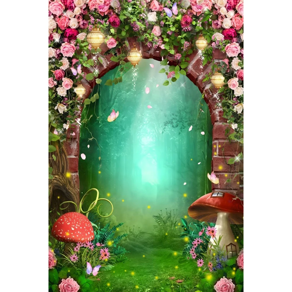 

Laeacco Enchanted Forest Backdrop Fairy Garden Tale Wonderland Mushroom Butterfly Baby Birthday Portrait Photography Background