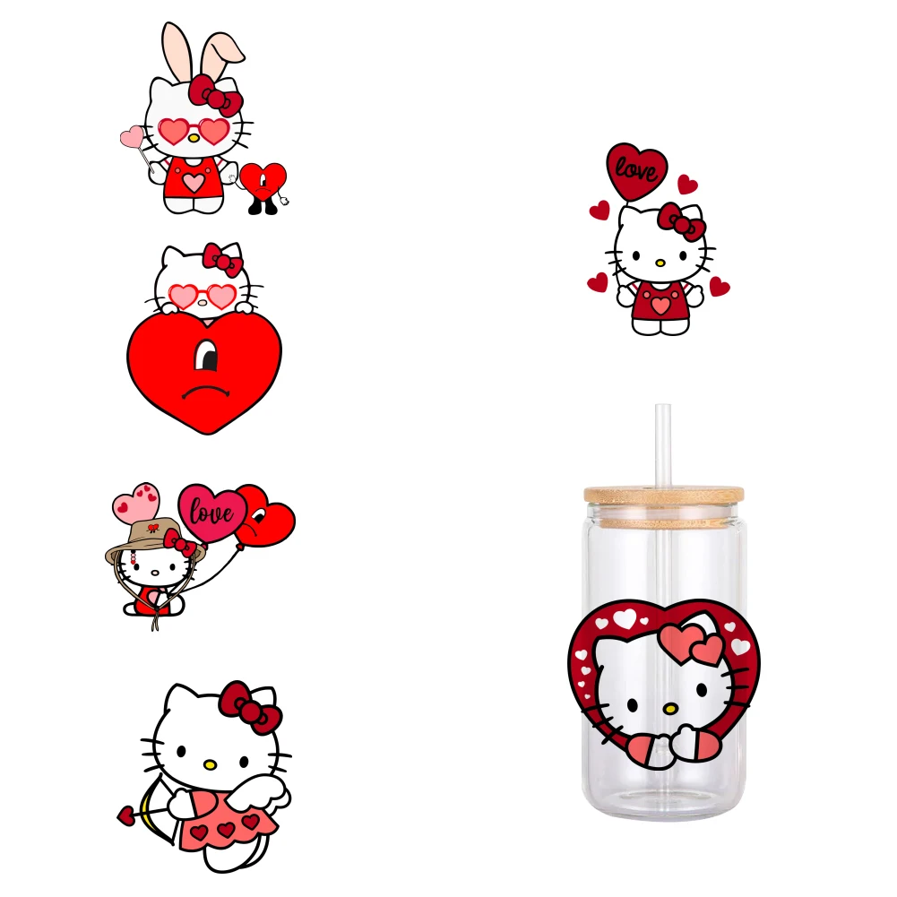 

11x11cm Valentine Hello Kitty Waterproof UV DTF Cup Wrap for 16Oz Libbey Glass Can DIY Transfer Sticker