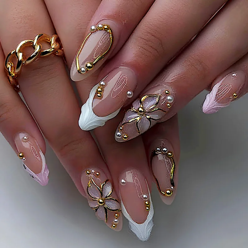 24pcs Pink Flower Almond Press on Nails Kawaii False Nails Wearable Stick-on Nails Fake Nail Uñas Postizas Накладные Ногти 네일팁 image 3