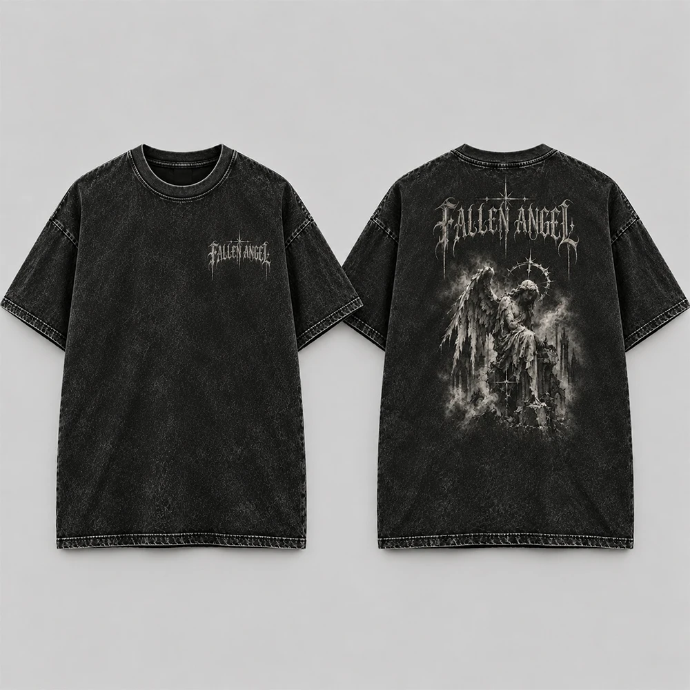 Men's washed and worn T-shirt with eerie angel invisible print, strange and indescribable creature mystery
