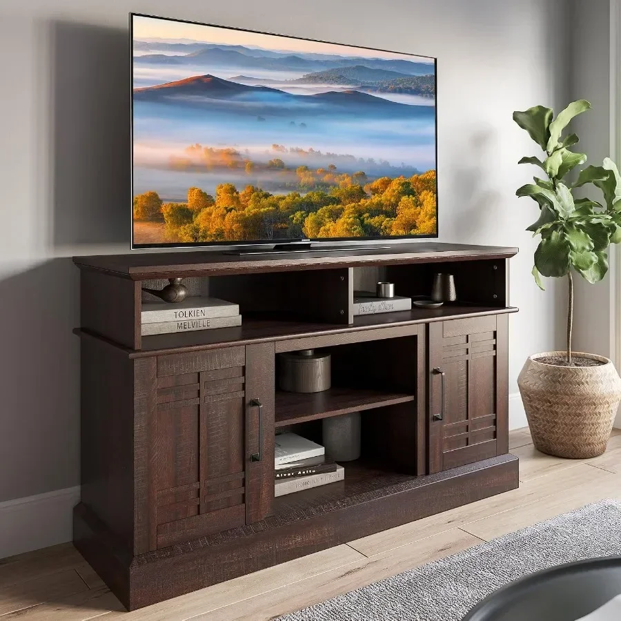 TV stand for living room, engineered wood in espresso color, scratch-resistant finish and adjustable shelving