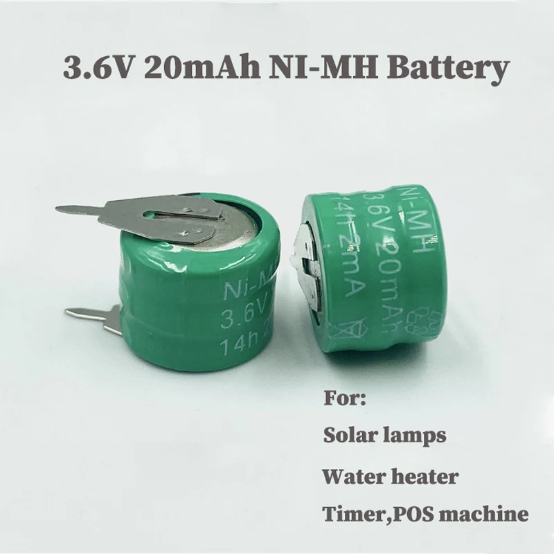 

3.6V 20mAh Ni-MH Rechargeable Battery with Pins for Solar Lamps Water Heater POS Machine Button Cell