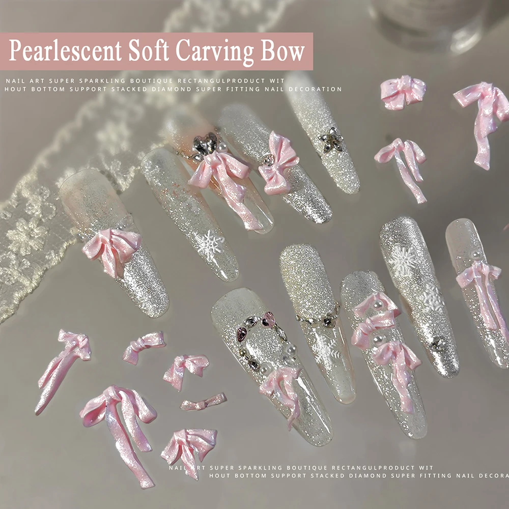 

50Pcs 3D Pink Pearlescent Soft Craving Bow Nail Charms Mixed Shapes Satin Bowknot Nail Art Decorations Y2K Ribbon Nails Supplies