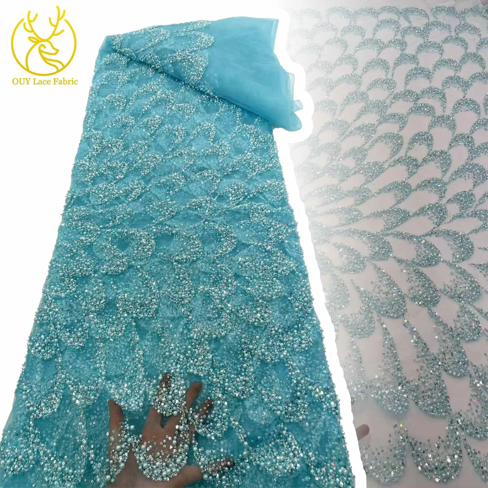 

African Beaded Bridal Lace Fabric 2025 High Quality French Nigerian Sequins Embroidery Groom Tulle Wedding Lace Fabric Party