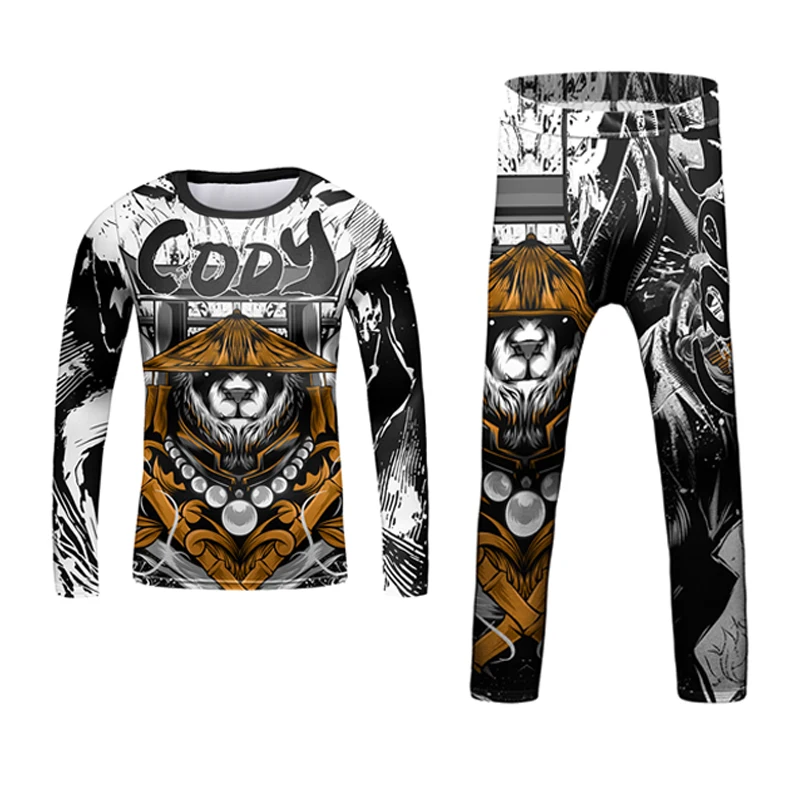 Nowe MMA dziecko Rashguard Jiu Jitsu T-shirt + zestaw spodni chłopiec dziewczyna Bjj wysypka Guard odzież sportowa dla dzieci spodenki Muay Thai