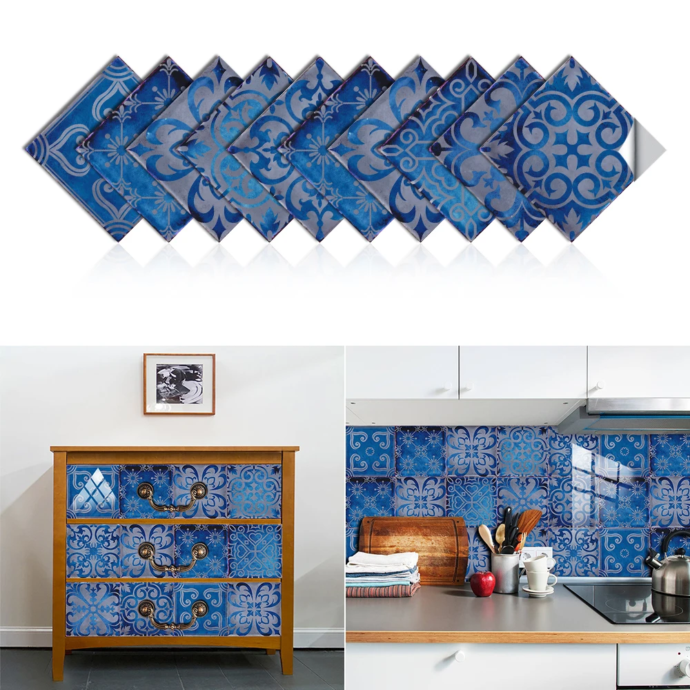 10pcs/set Dream Blue Tile Sticker Kitchen Backsplash Oil-proof Bathroom Waterproof Home Decor Wall Decals Peel & Stick Art Mural view 6