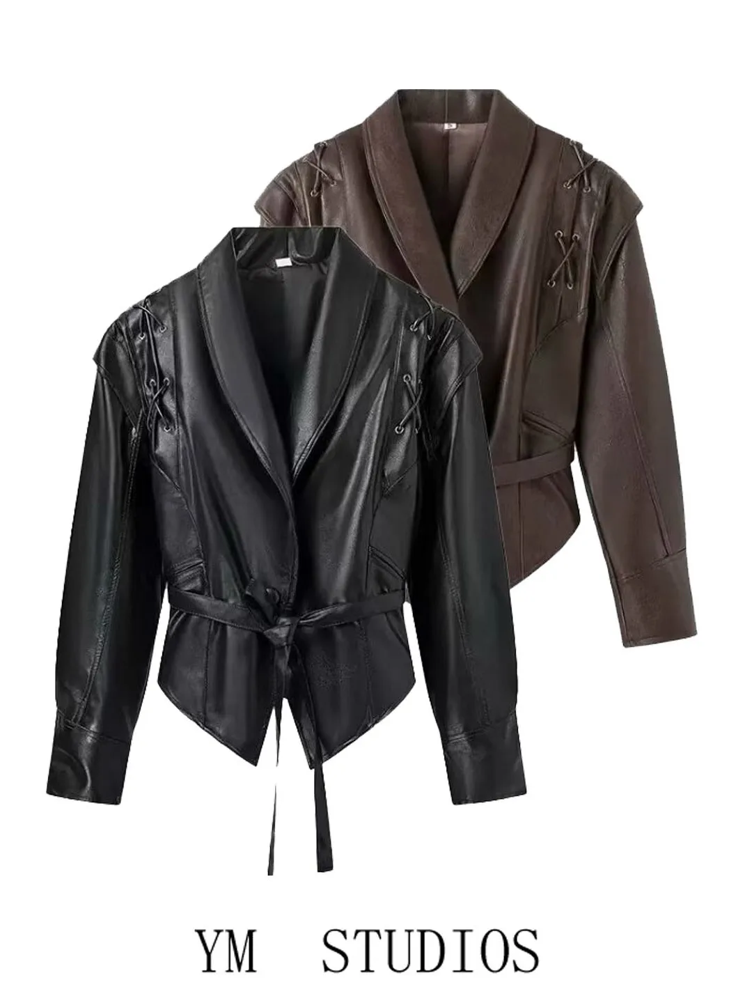 Fashionable Brown Biker Jacket Women's Slim Fit Coat with Belt European Style Short Length Leather Outerwear for Commuting