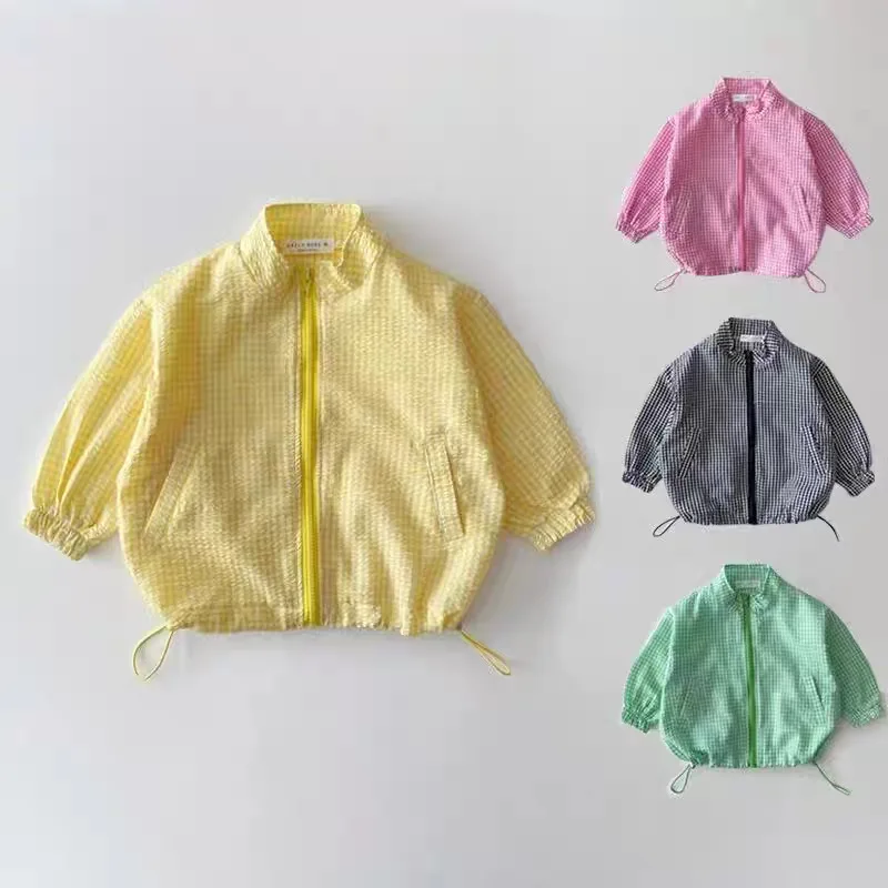 0-5-Year-Old Korean Version of Childrens Clothing Summer Thin Plaid Sunscreen Breathable Jacket Girl X Casual Long Sleeve Jacket