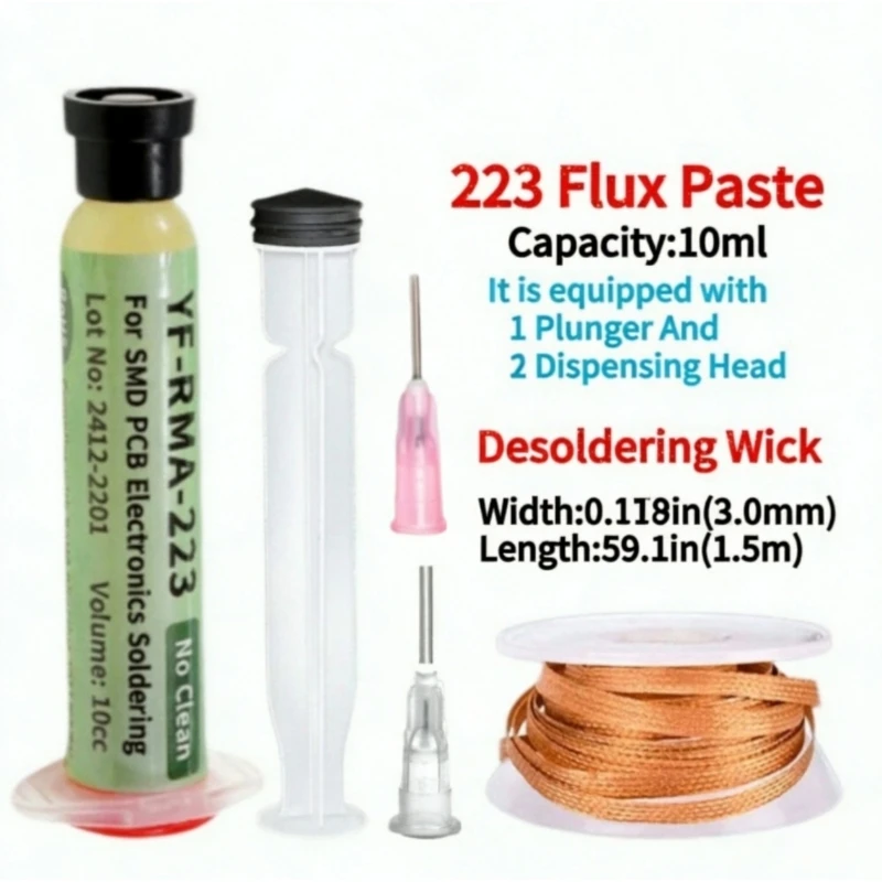 3mm Desoldering Braid & NC-223 Flux Paste Syringe Kit, Solder Remover Wire Set For PCB Electronic Component Repair Rework Tool
