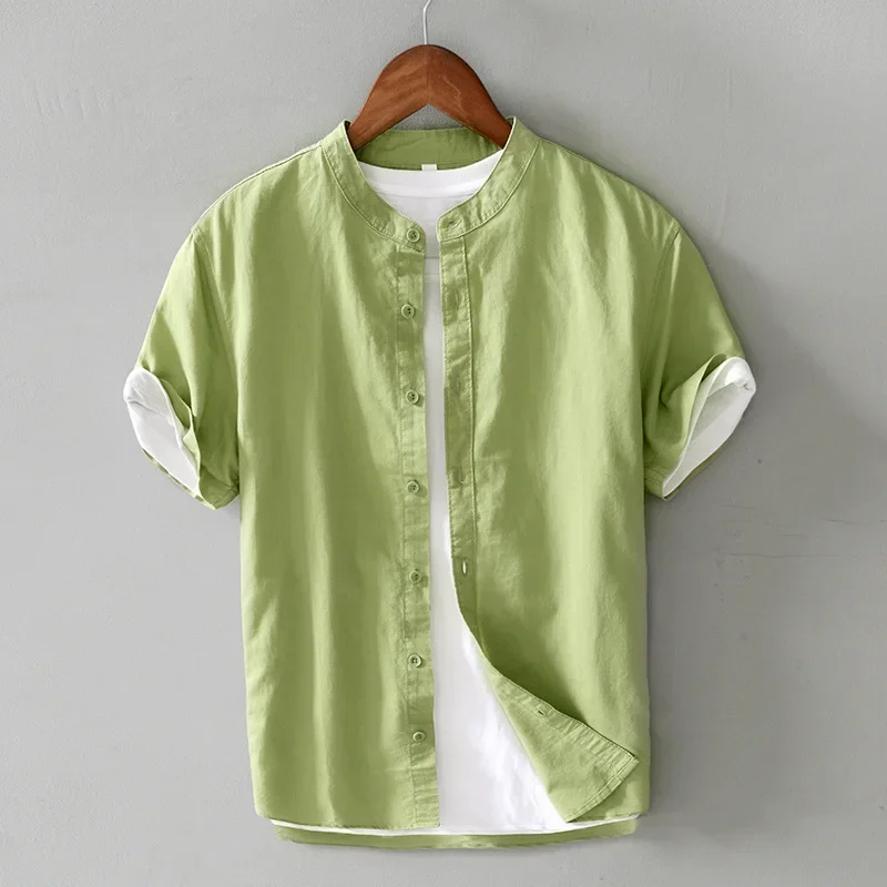 

Летняя мужская рубашка 4XL, повседневные повседневные рубашки с коротким рукавом, мужские пляжные дышащие топы с воротником-стойкой, хлопково-льняная рубашка, универсальная рубашка