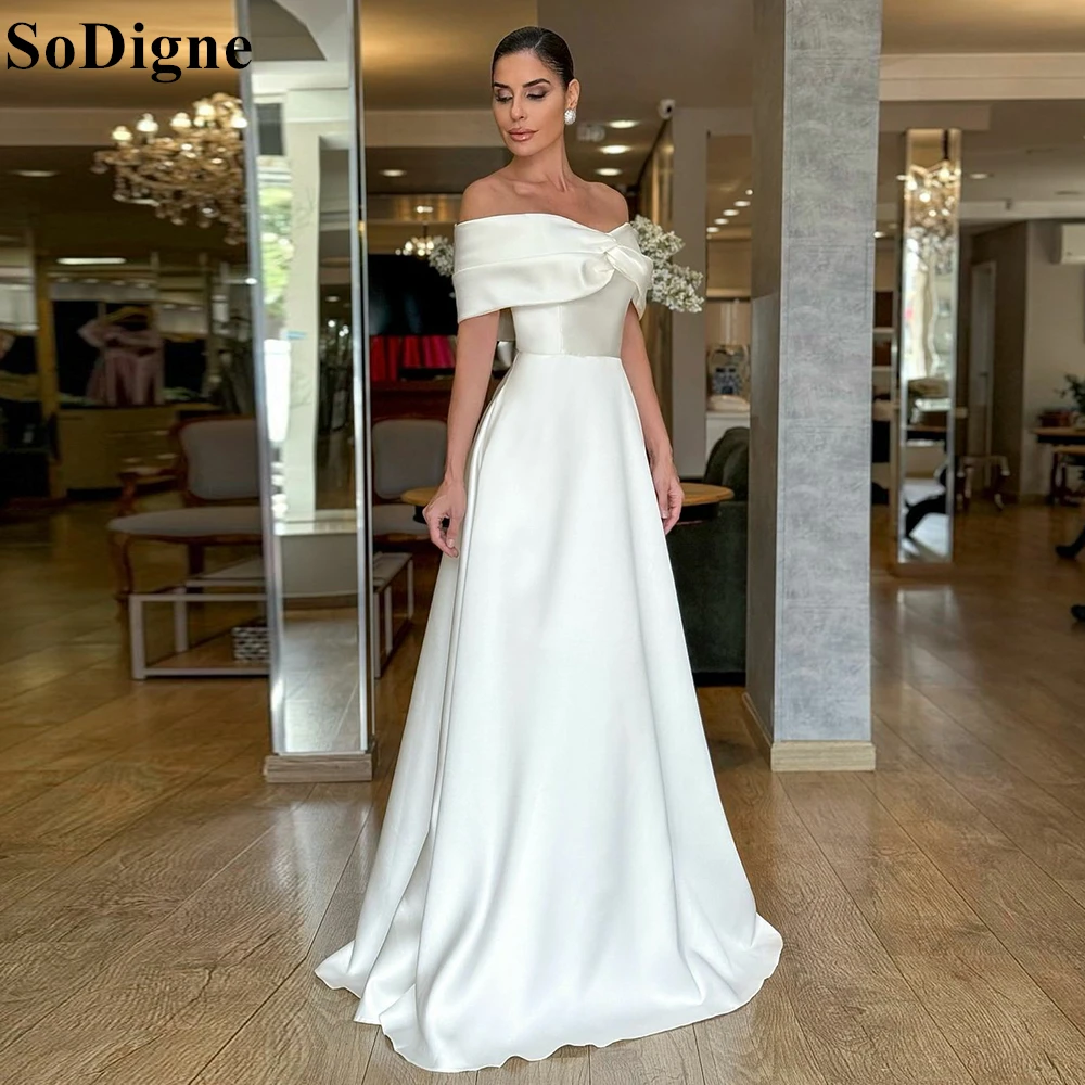 

SoDigne Elegant A-Line Satin Evening Dresses Off Shoulder Pleated Simple Party Dress 2024 Formal Occasion Prom Gown Custom Color