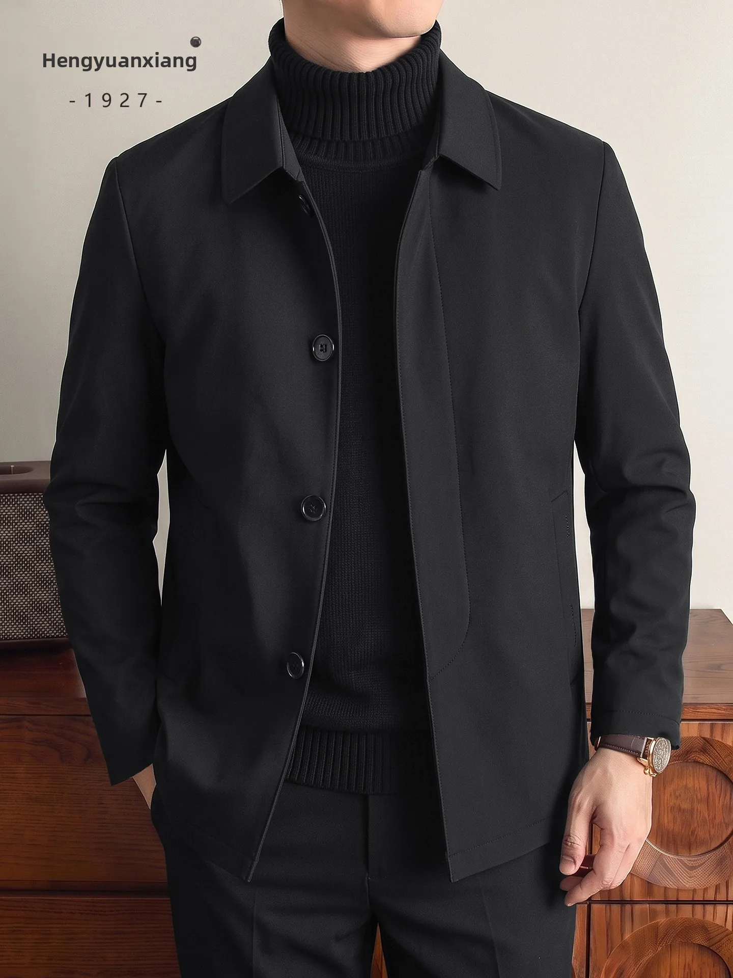 Hengyuanxiang Men's Collared Cotton Jacket Thickened Button Casual Winter Fashion City Youth Standard Fit Polyester Fiber
