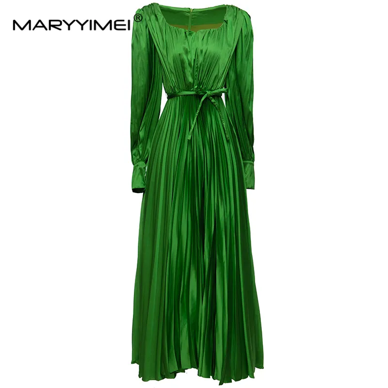 

MARYYIMEI Autumn Women's Dress Long sleeved Latest In Round Neck Solid Color Loose And Comfortable Vintage Pleats Dresses