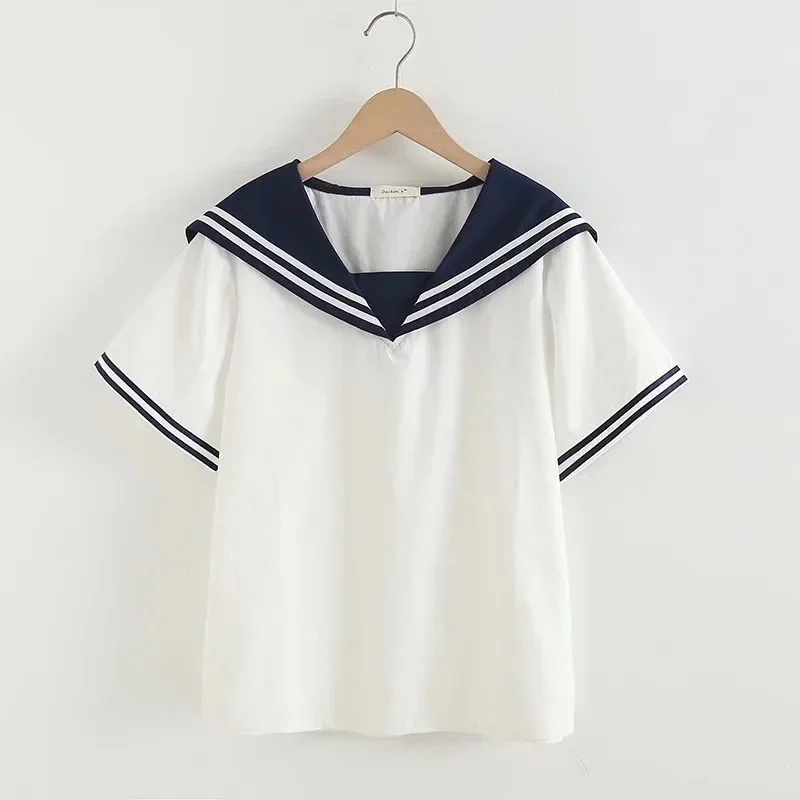 Japanese School Uniform Mori Girls Summer Japan Style Kawaii Sailor Collar Short Sleeve White Navy Collar Shirts and Blouses