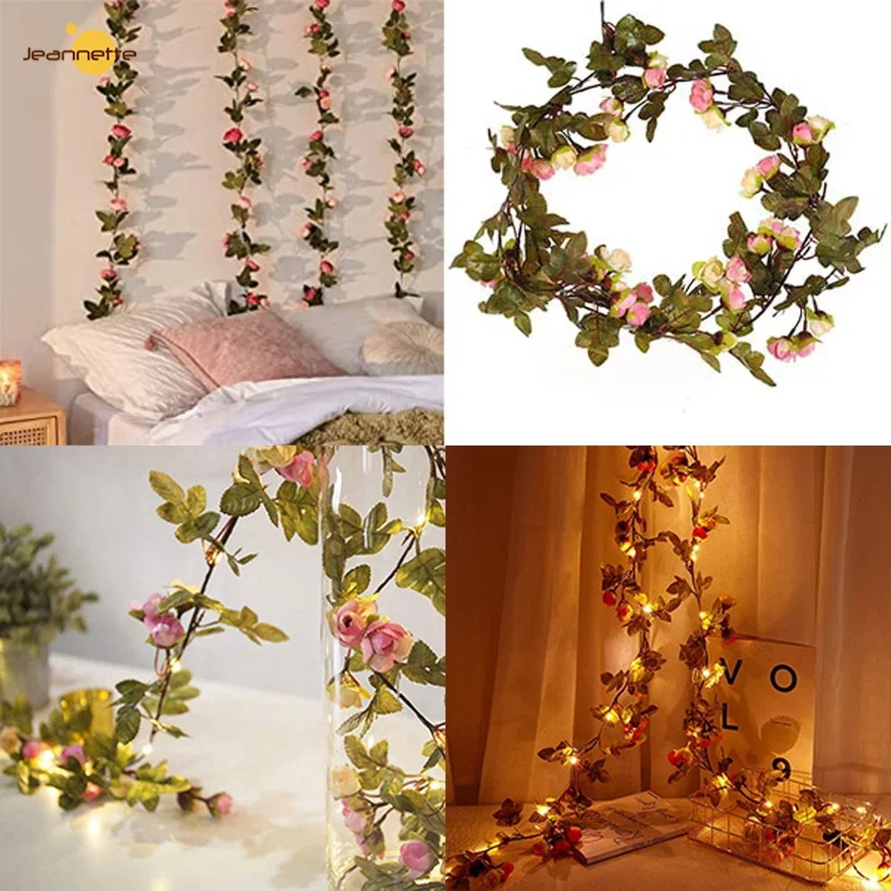 Solar Fairy Light Artificial Flower Rose Vine String Lights Outdoor Waterproof Garland Plant Lamp for Wedding Party Garden Decor