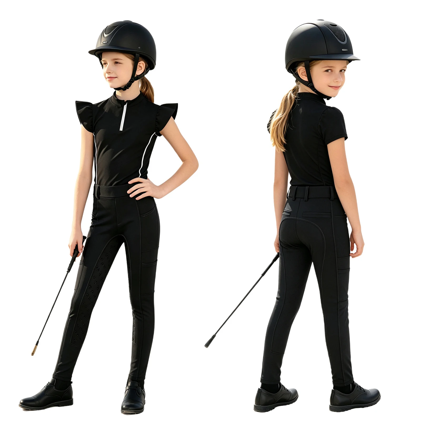 Girls Equestrian Costume Horse Riding Training Performance Clothes Zip-up Stand Collar Top Anti-slip Full Seat Breeches Pants
