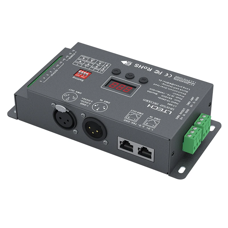 

LTECH LED DMX-PWM Decoder;DC12-24V Input 6A*5CH 5 Channel Output RGB RGBW RGBCCT Strip DMX512 Controller XLR-3 RJ45 DMX Slave