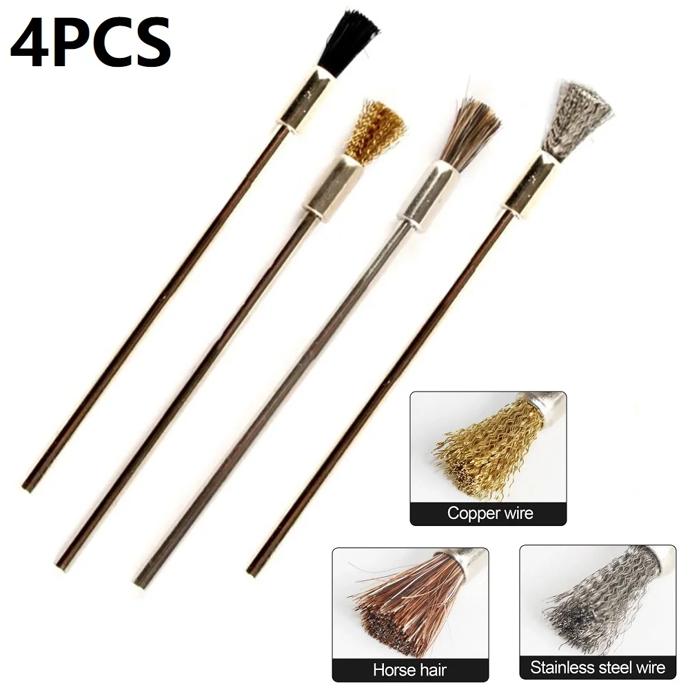 Escovas de aço, 100mm, 3.0mm, haste, polimento, ferramentas rotativas, ferramenta de limpeza ferrugem doméstica, nylon, cabelo de cavalo, fio, 4pcs