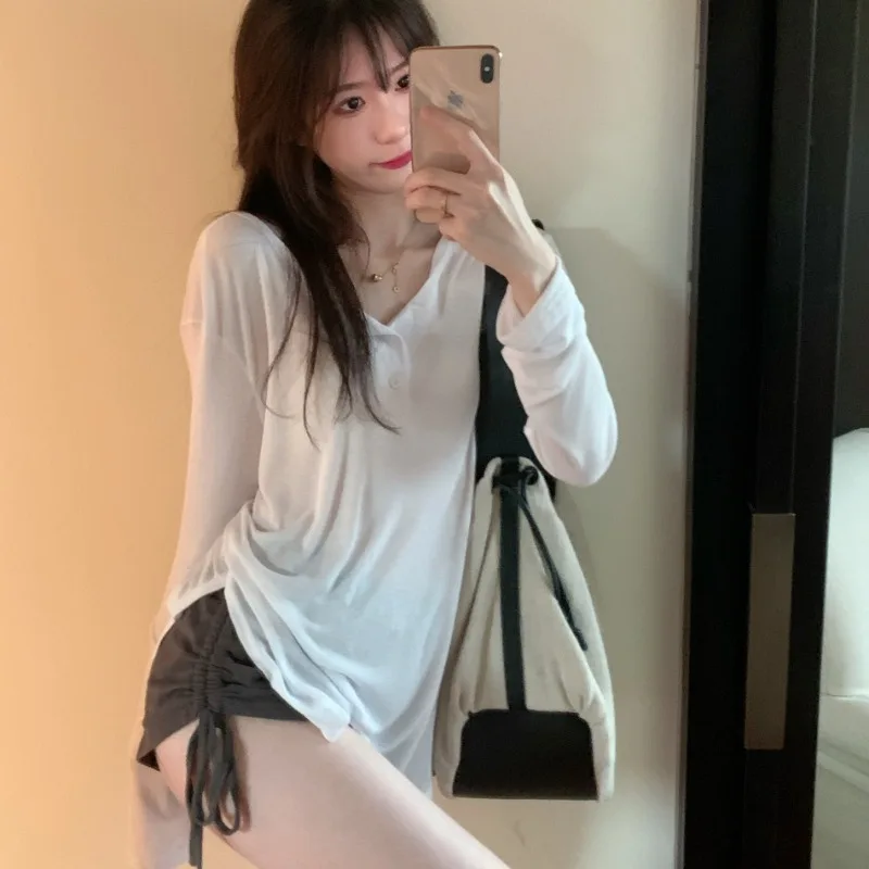 Chic Long Sleeve T-shirts Women Fashion Solid Simple Loose Leisure Young Soft Popular All-match Folds Irregular Tops Girls Ins