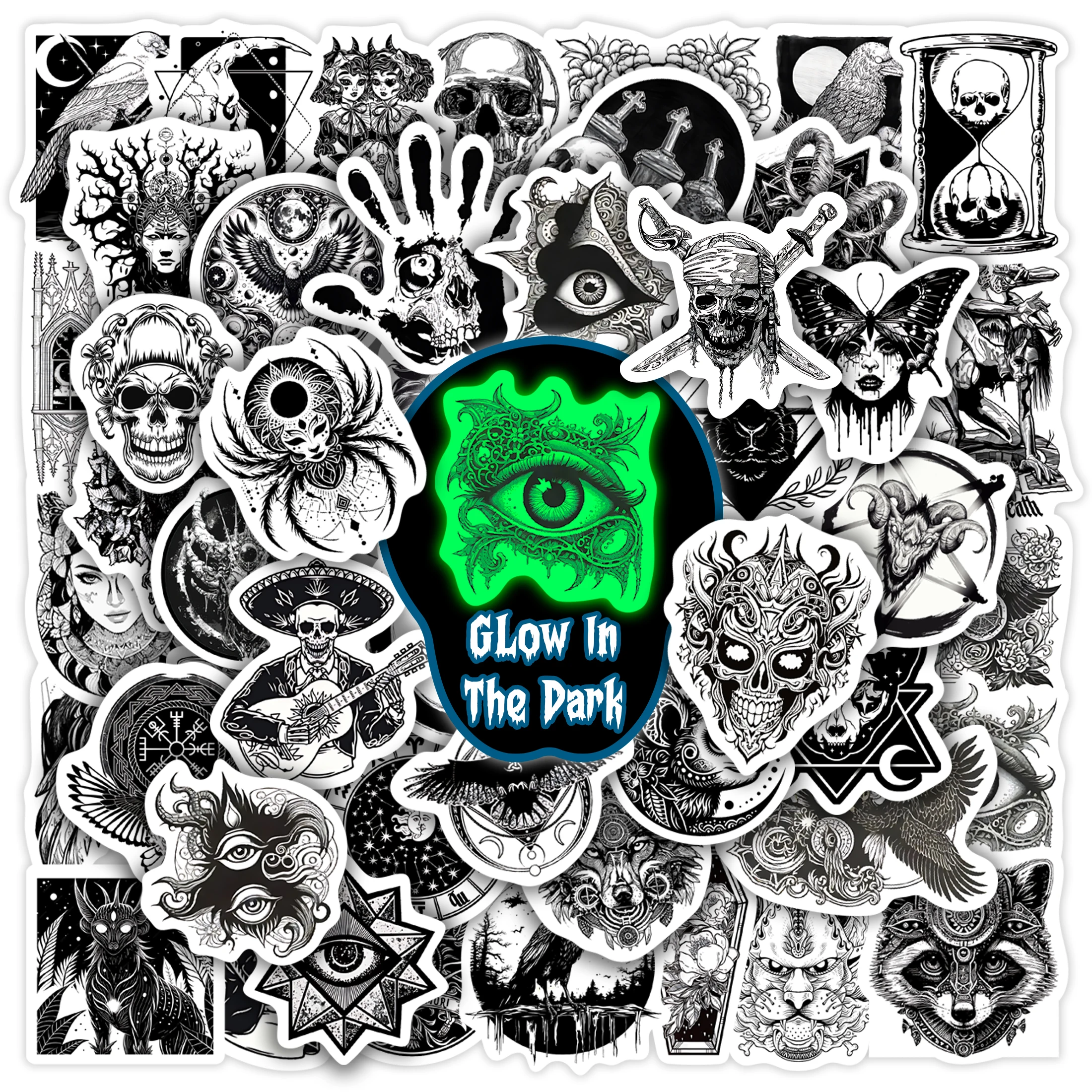 

50 шт. черно-белые узоры ужасов, светящиеся в темноте наклейки, водонепроницаемые виниловые наклейки, украшение для компьютера, телефона для детей, сделай сам