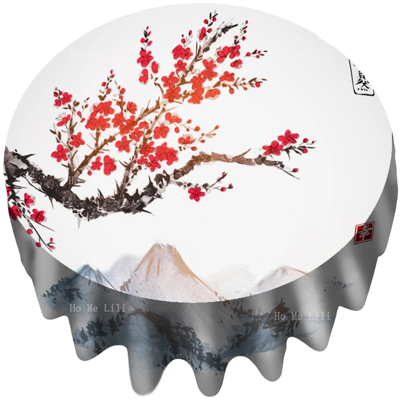 Japanese Crimson Moon Mountain Cherry Blossoms Sun Crane And The Ancient Pine Ink Style Round Tablecloth By Ho Me Lili Decor