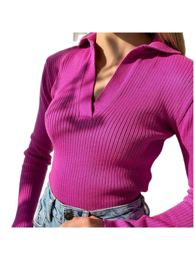 Casual Knitted Sweater Pullover Basic V Neck Long Sleeve Slim Fit T-shirt Female Autumn Winter Jumpers Top Y2K Women Clothes