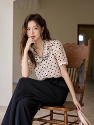 MISHOW Women's French Polka Dot Blouse Summer Korean V Neck Ruffles Puff Sleeve loose Single Breasted Female Top MXC34C0021