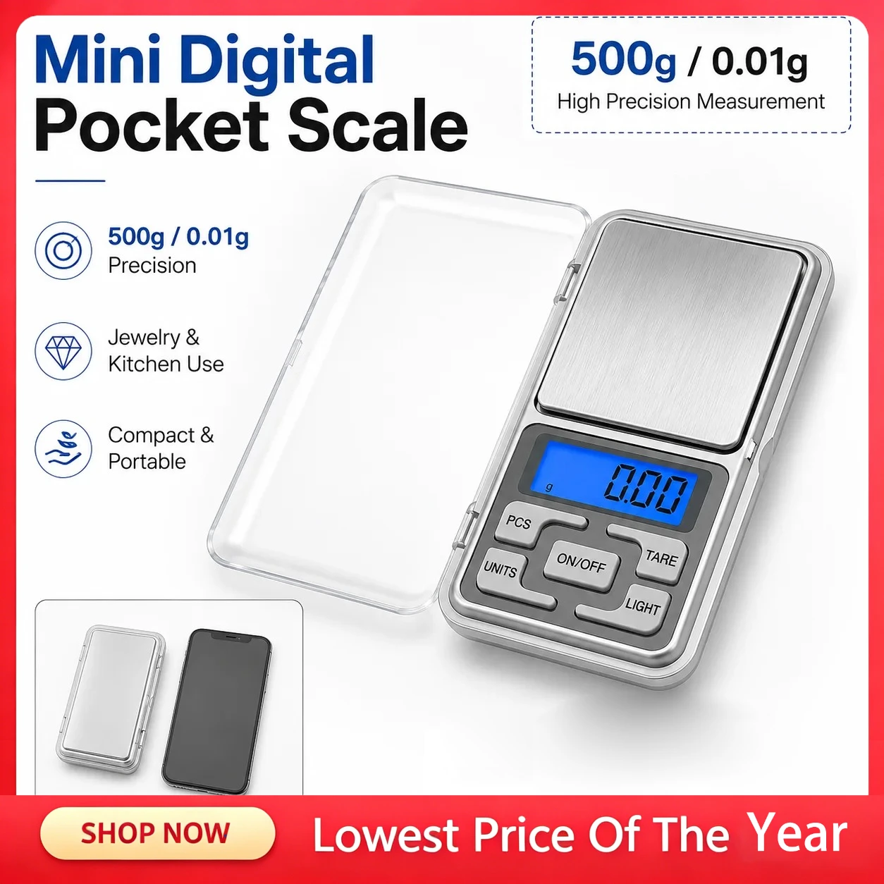1/2Pcs 500g/0.01g Digital Pocket Scale High Precision Mini Jewelry Scale with LCD Display, Portable Gram Weighing Tool for Home