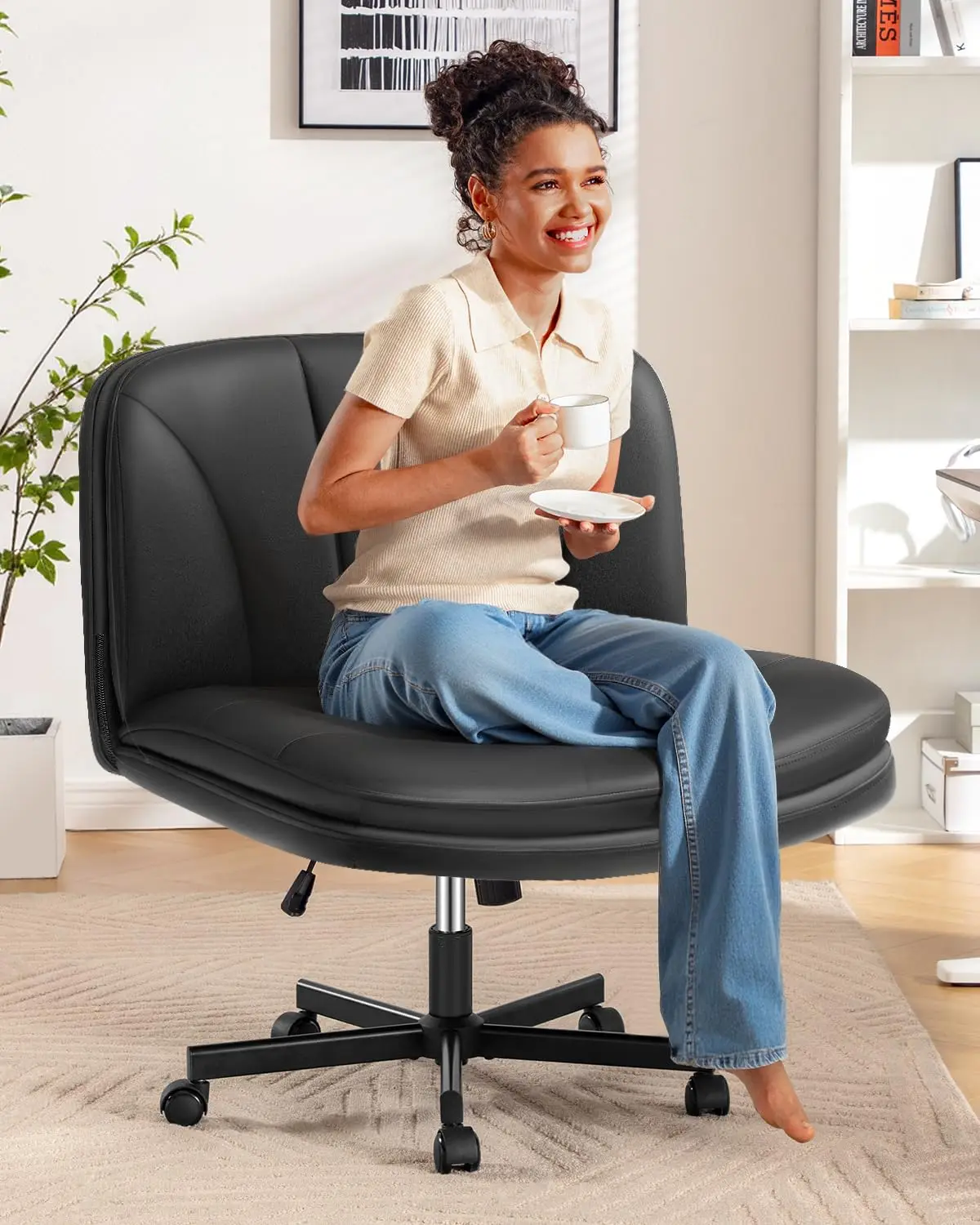 

Criss Cross Chair with Wheels, Cross Legged Office Chair, Armless Wide Vanity Desk Chair with 2 Layer Comfty Velvet & Back