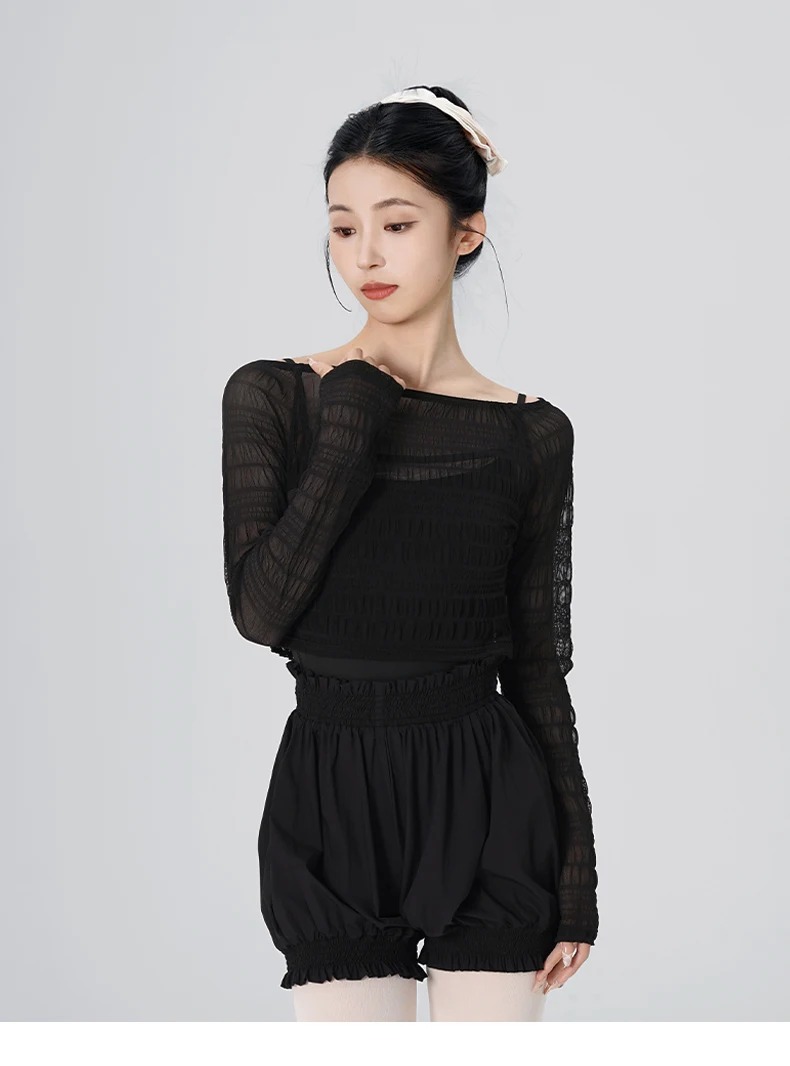 Tops de Danza para Mujer, Top de Malla Fruncido con Hombros Descubiertos y Manga Apilada, Pantalones de Ballet de Pierna