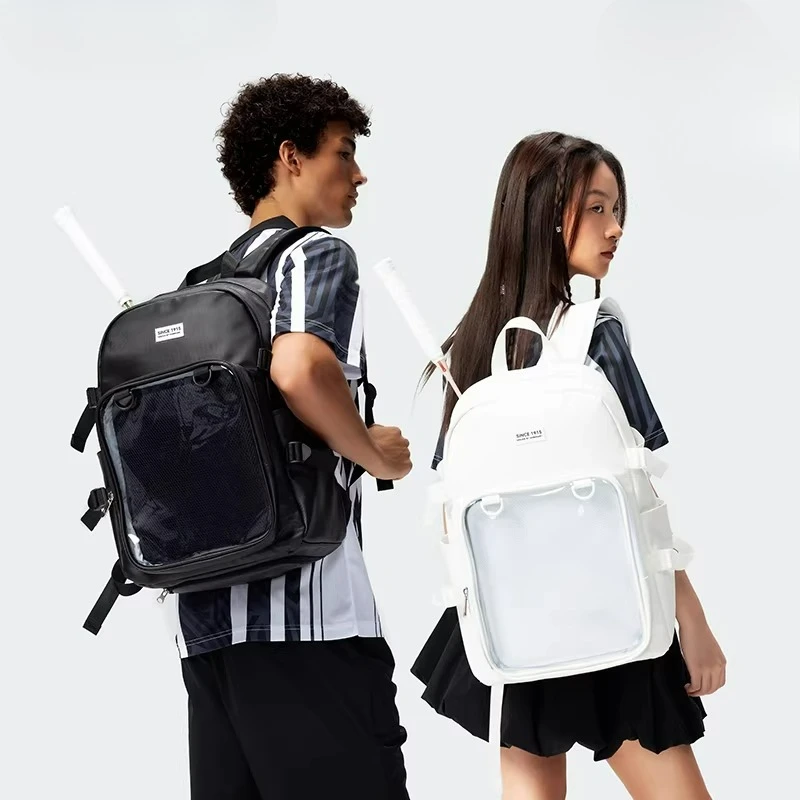 sac-a-dos-de-badminton-avec-compartiment-a-chaussures-fenetre-transparente-pour-epingles-diy-sac-de-sport-noir-et-blanc-a-bandouliere