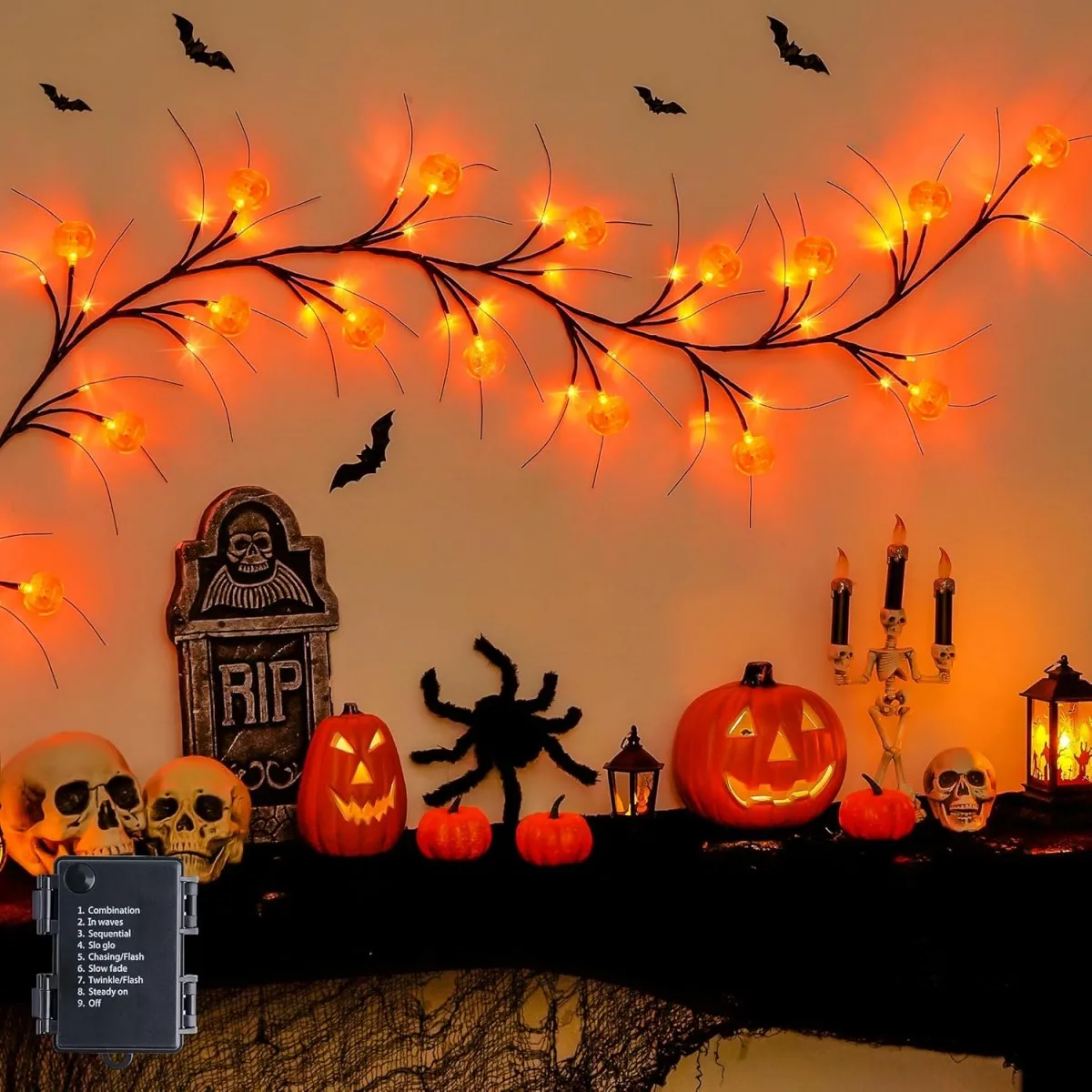 1PC 54LED Halloween Pumpkin Black Willow Vine Lights Orange LED Branch Lamp For Home Living Room Halloween Party Festival Decor