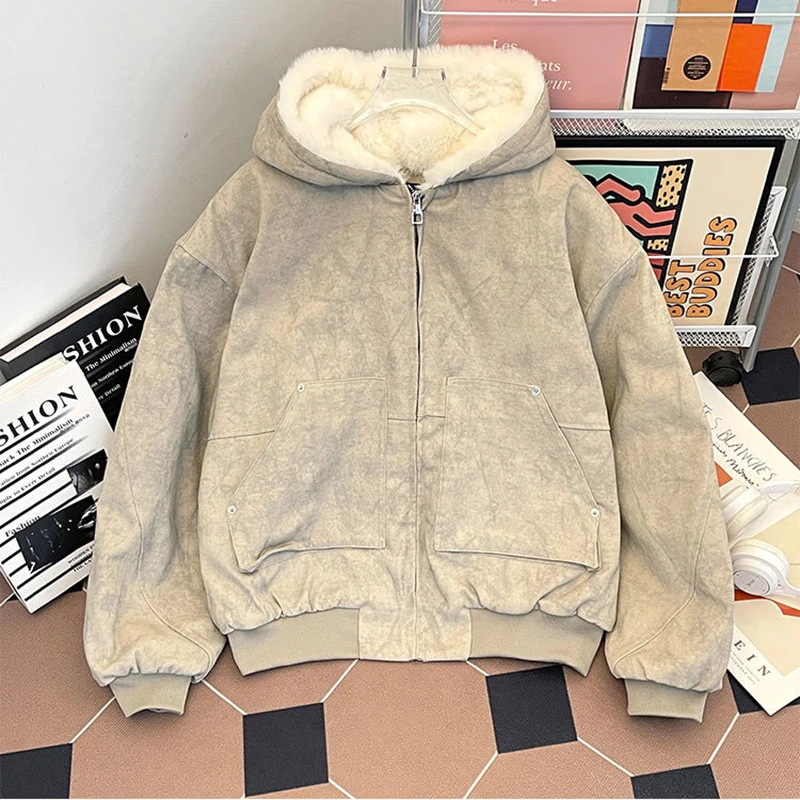 Winter Men's Hooded Fleece Jacket Fashion Distressed Splicing Thick Coat American Casual Loose Street Style Male Cotton Jackets