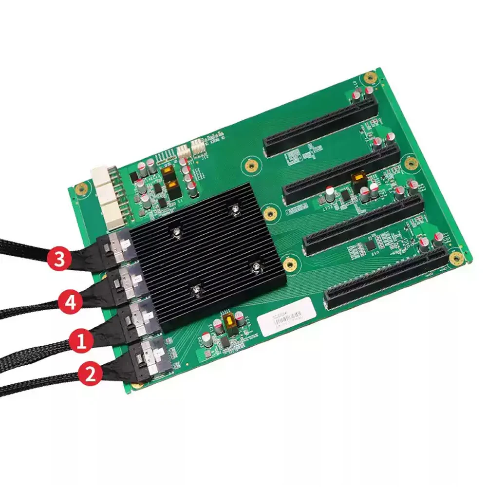 SFF-8654 SlimSAS PCIe 4.0 X16 Full Speed 2in4out Switch Backplane PEX88096 GPU Server Expansion Board, 4 GPU Card Riser Adapter