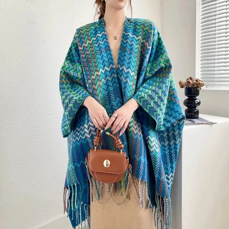 

Spring Autumn Winter Thick Ethnic Style Shawl Scarf High End Long Knitted Cape Soft Fashion Elegant Tassels Cloak Cardigan Coat