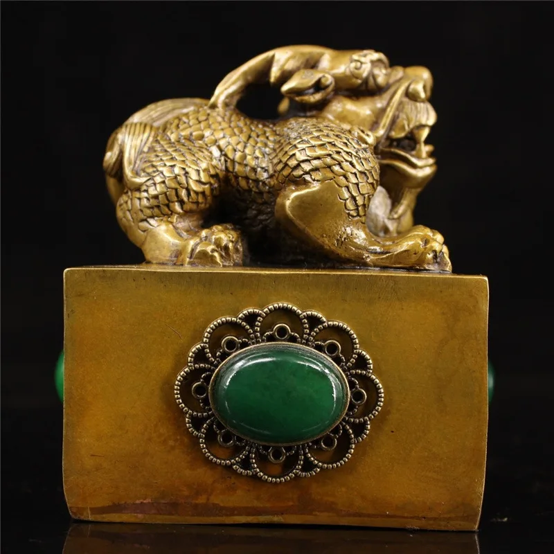 Brass with auspicious reclining beast, copper qilin seal, office gift, decorative craft, ornament, antique collectible