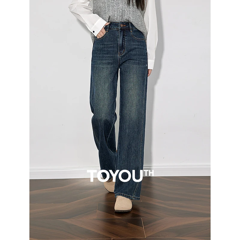 TOYOUTH Women Denim Jeans 2024 Autumn and Winter New Mid Wasit Straight Leg Casual Versatile Long Pants