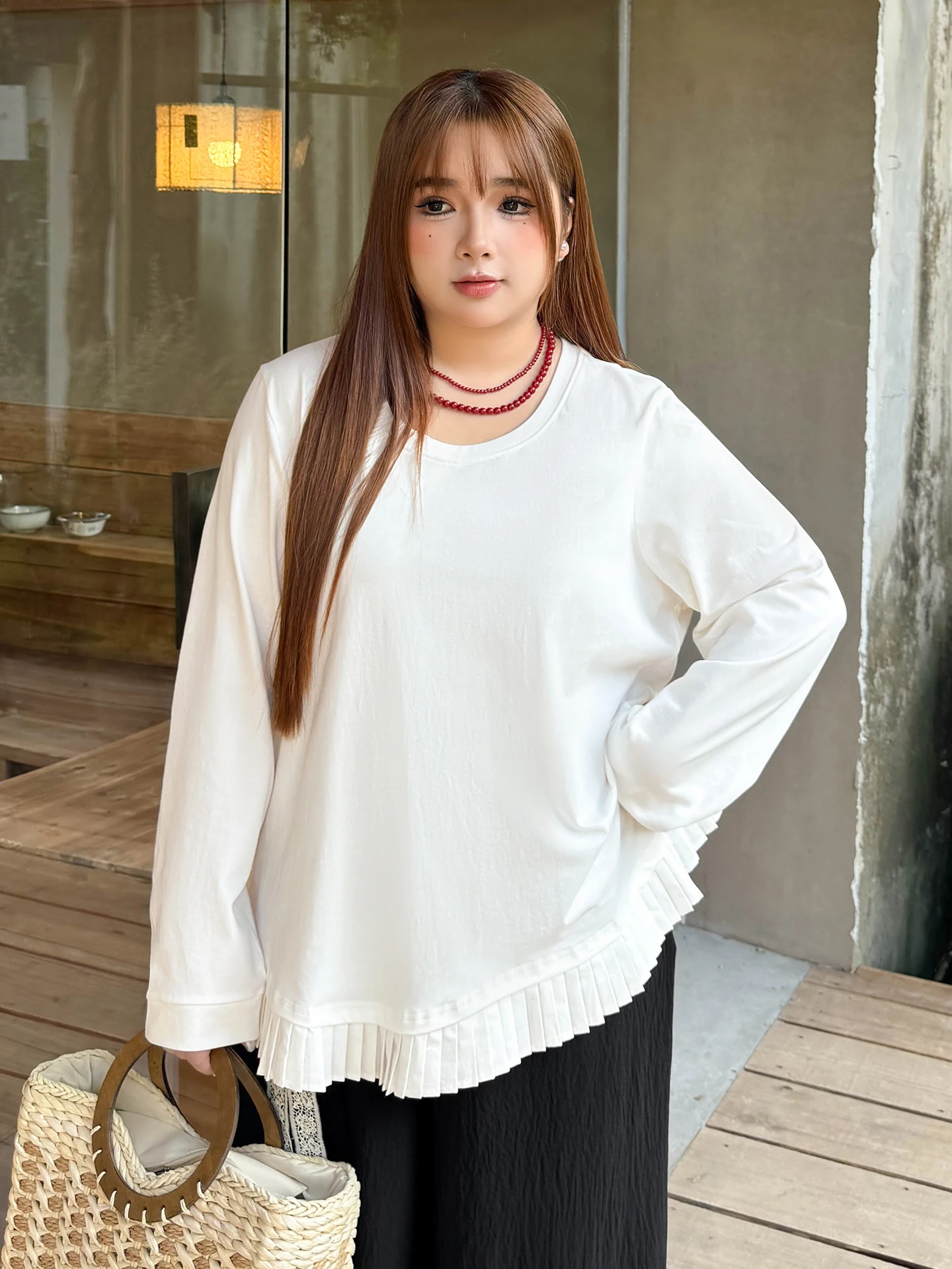 

plus Size Women's T-Shirt round Neck Long Sleeve Lace Splicing Casual Style Spring Fashion Top for Plump MM Comfortable Cotton