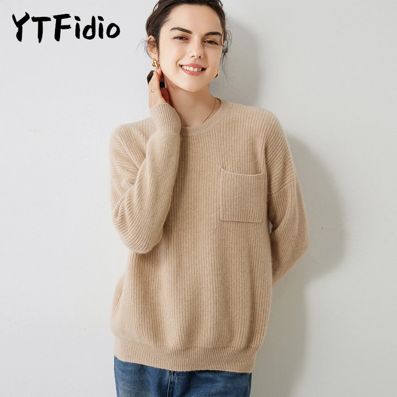 YTFidio 100% Cashmere Women O-neck sweater with pockets Soft Warm Causal Sweaters Solid Knit Tops Pullovers Jumpers 27