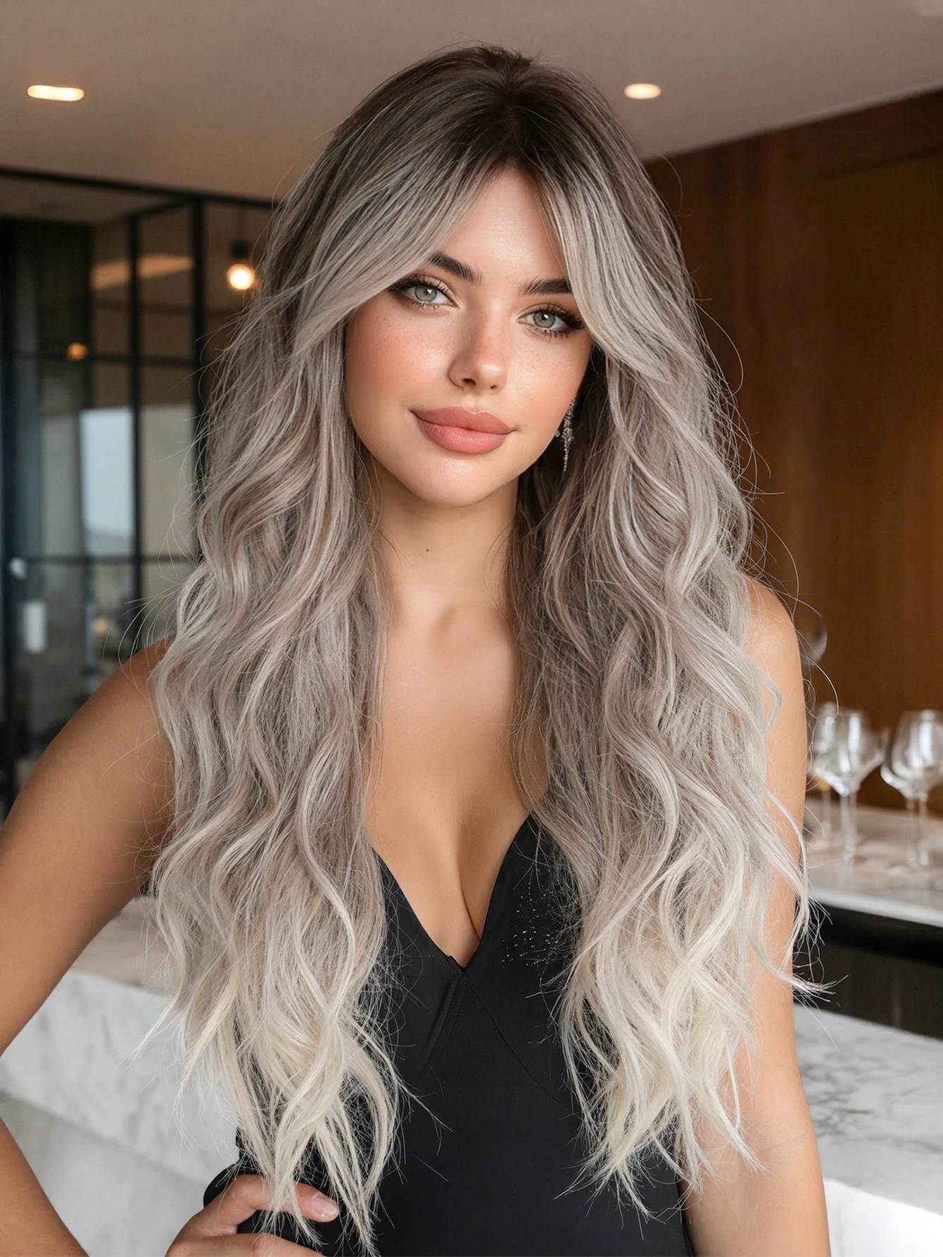 Long Body Wave Dark Root Ash Blonde Wig for Woman Ombre Ash Blonde Synthetic Wig with Bangs Heat Resistant Fiber Balayage Blonde Long Curly Wig with Curtain Bangs Suitable for Halloween Cosplay Party Costume Daily Wear